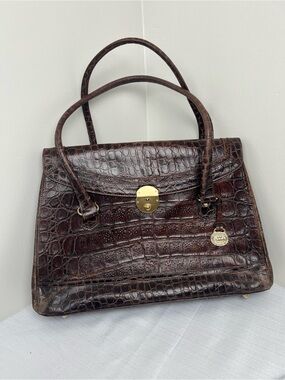 Brahmin Vintage Dark Brown Croc-Embossed TopHandle Satchel w Brass Pulldown Lock
